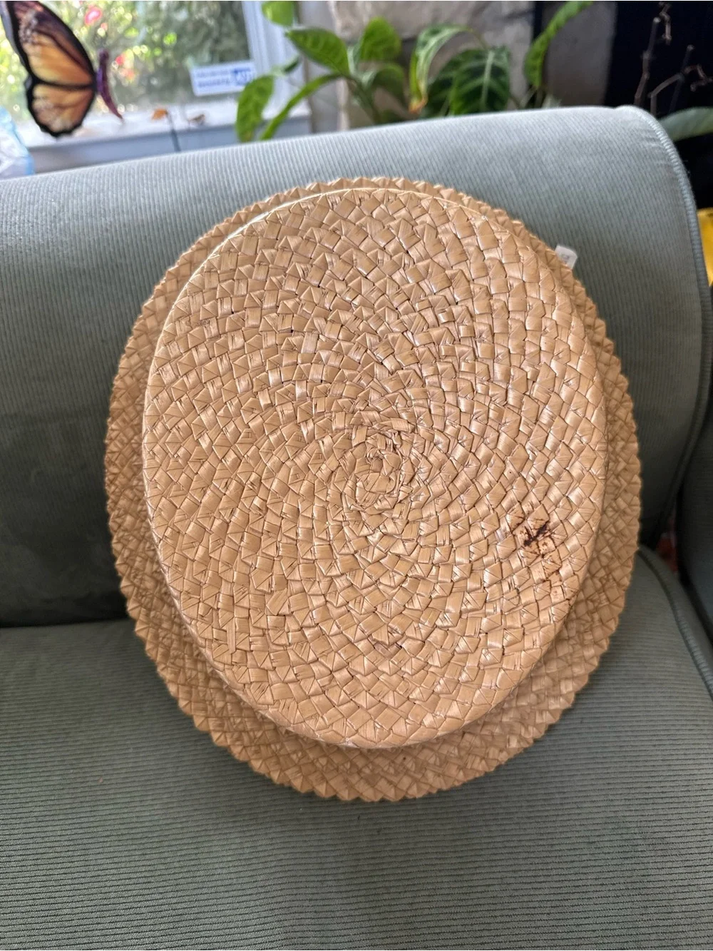 Classic Straw Boater Hat with Navy Striped Band